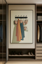 Framed artwork in a modern closet with shoes below