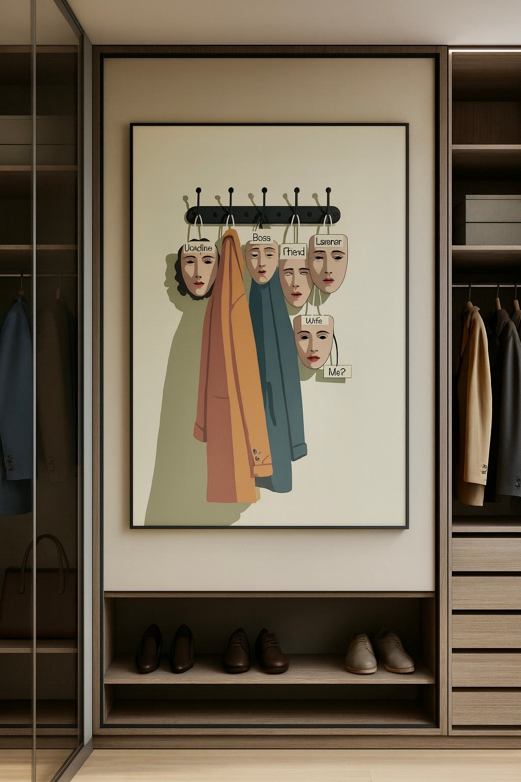 Framed artwork in a modern closet with shoes below