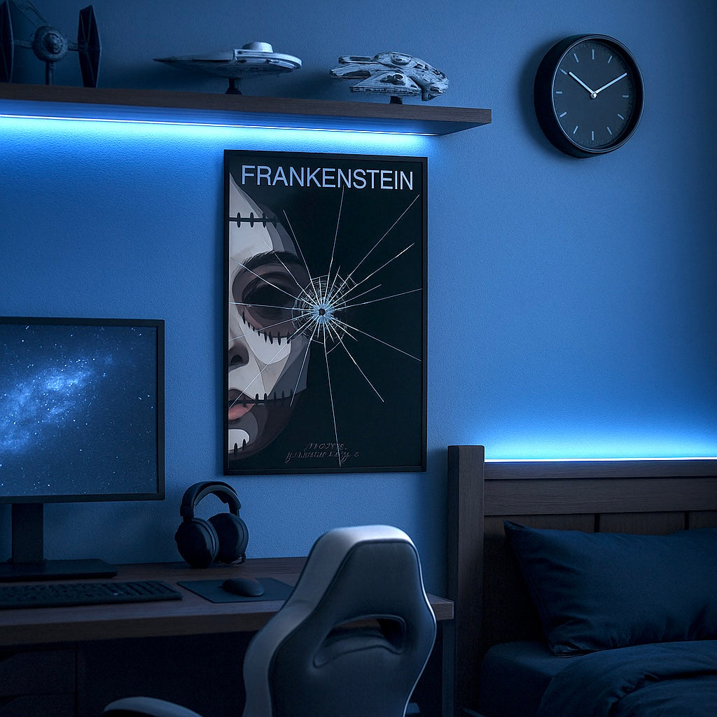 Modern bedroom with desk, computer setup, and 'Frankenstein' poster on a blue wall.