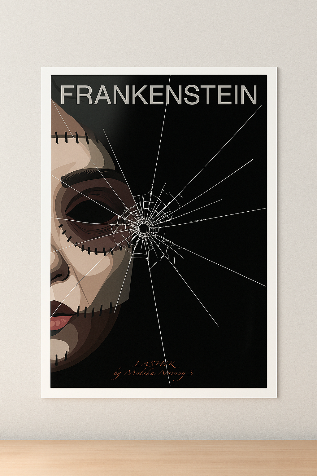 Poster of Frankenstein with a broken glass effect on a black background